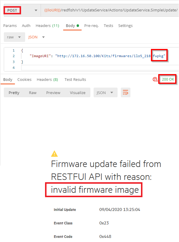 Figure 13: iLO Event log generated by a SimpleUpdate non-supported file type 