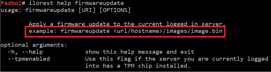 Figure 15: iLOrest `firmwareupdate` example