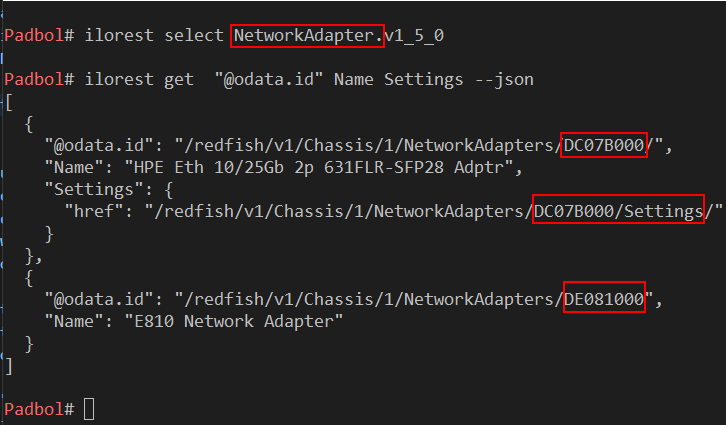 Figure 6: Retrieving RDE capable network adapter properties with iLOrest